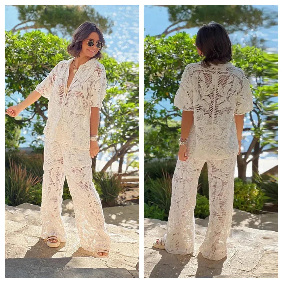 Ensemble blanc ajoure pour femme compose d un haut court et d un pantalon fluide ideal pour un look estival chic et leger en toute occasion