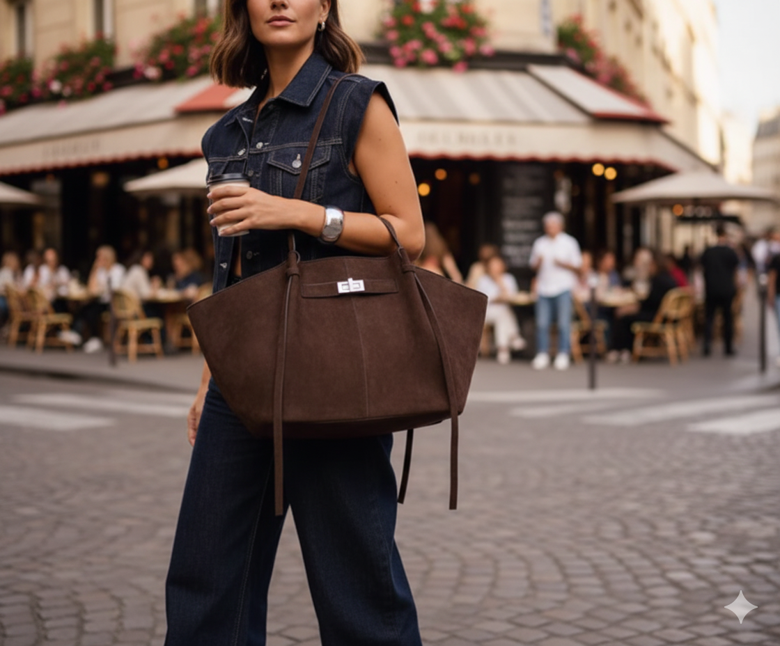 Sac à main en cuir porté avec une tenue élégante