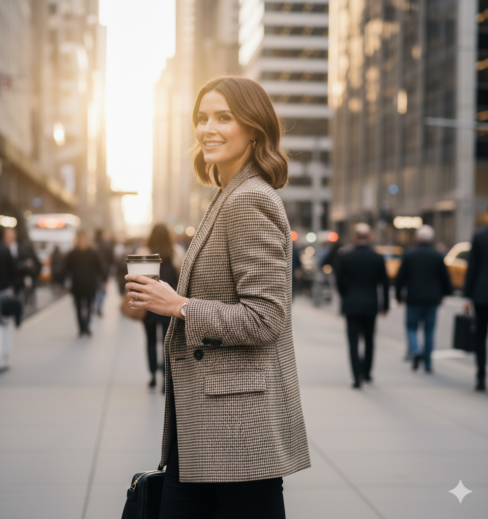 Blazer à carreaux fins porté avec une tenue élégante