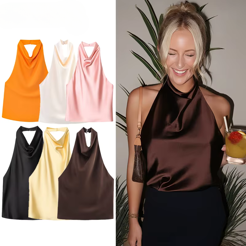 Top dos nu en satin rose poudré, élégant et féminin.
