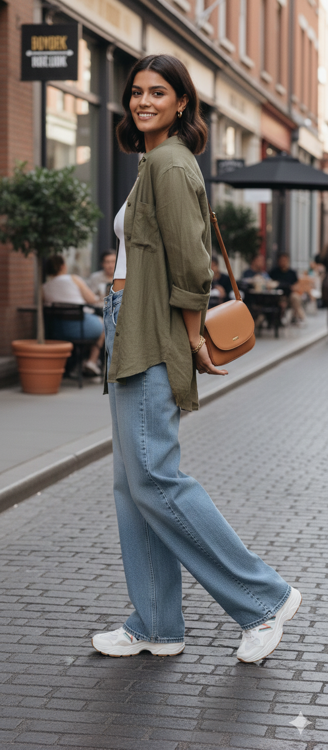 Jean large asymétrique porté avec une tenue tendance