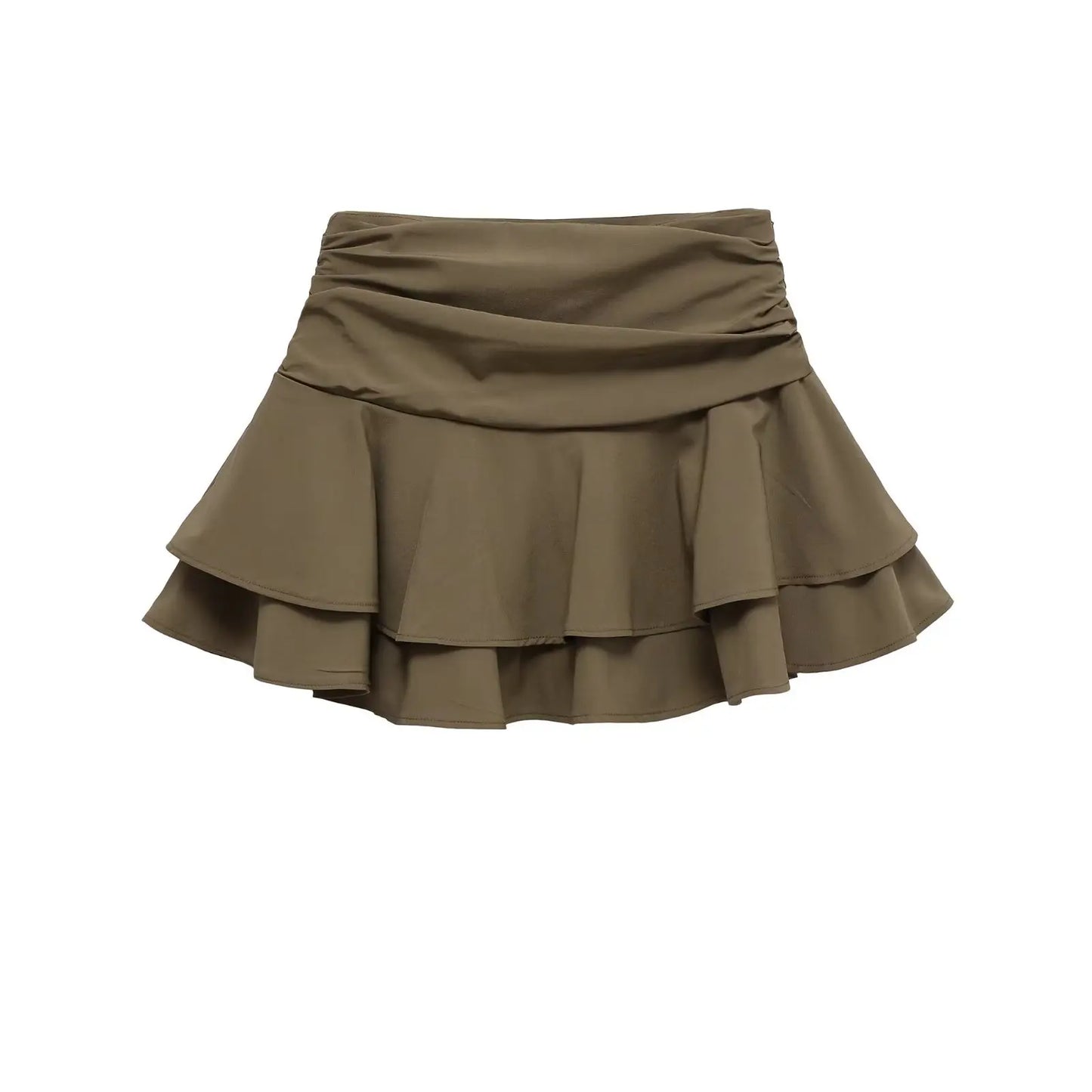 Jupe patineuse courte en tissu stretch kaki, style jeune et dynamique.