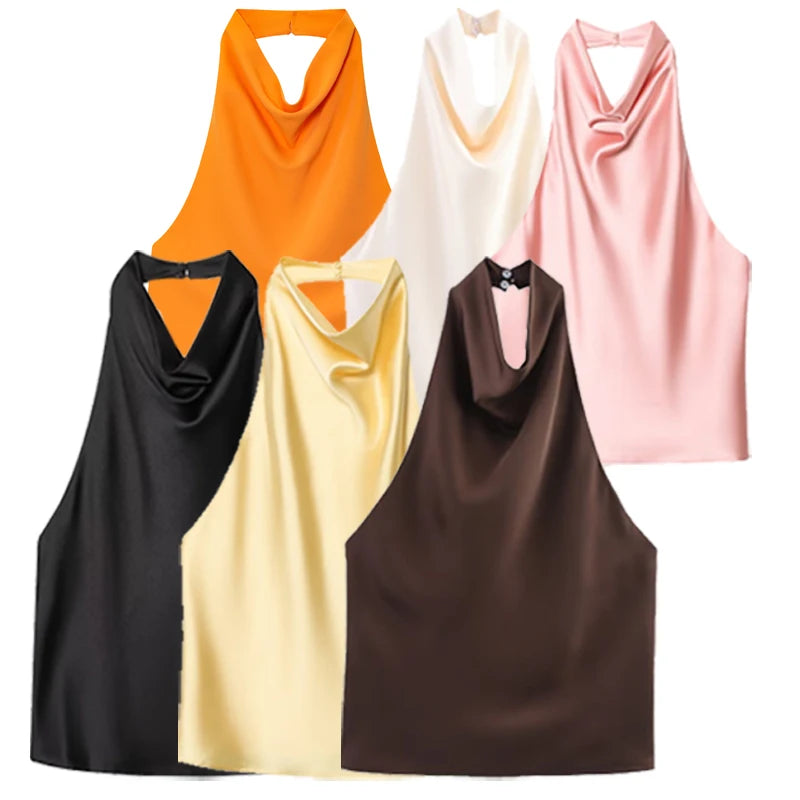 Top dos nu en satin rose poudré, élégant et féminin.