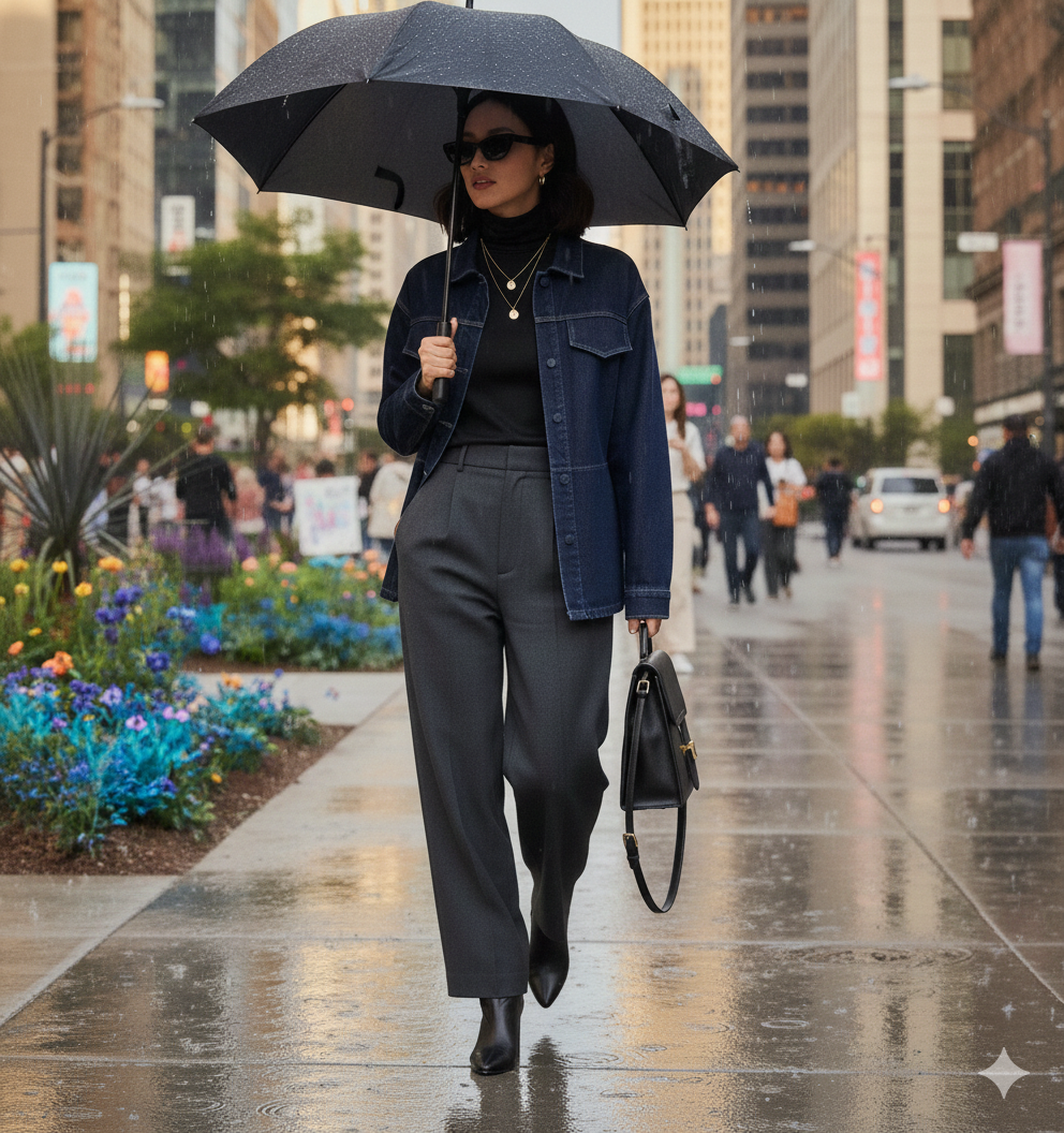 Veste légère en denim portée avec une tenue casual