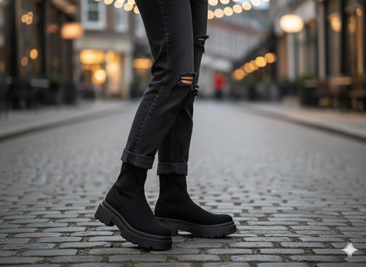 Bottes plateforme effet daim portées avec une tenue tendance