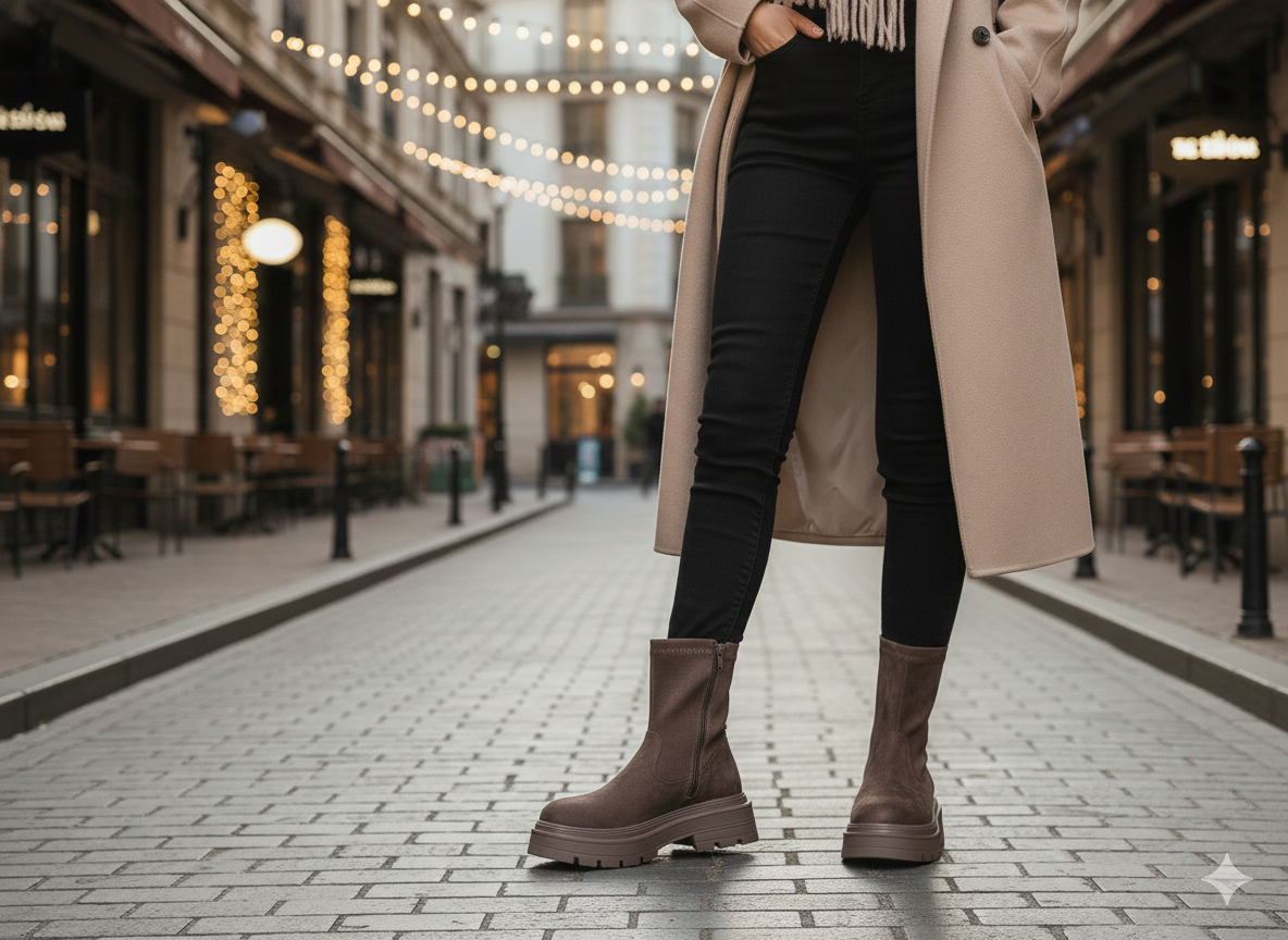 Bottes plateforme effet daim portées avec une tenue tendance