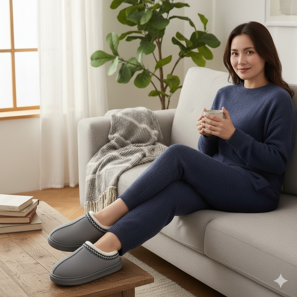 Chaussons fourrés portés pour un look cosy