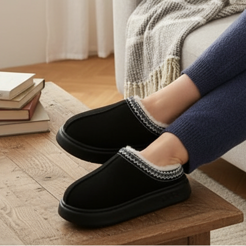 Gros plan sur l’intérieur fourré des chaussons