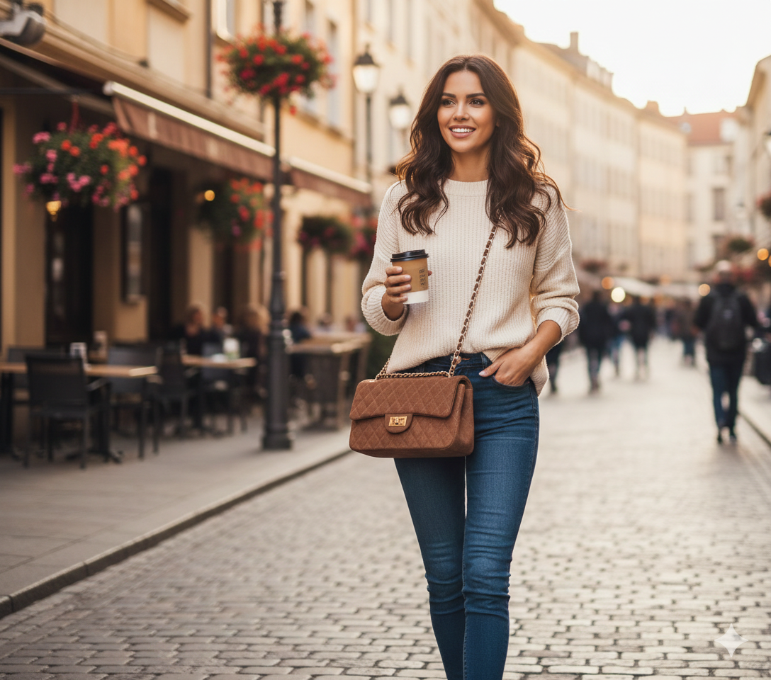 Sac à main en suédine porté avec une tenue élégante