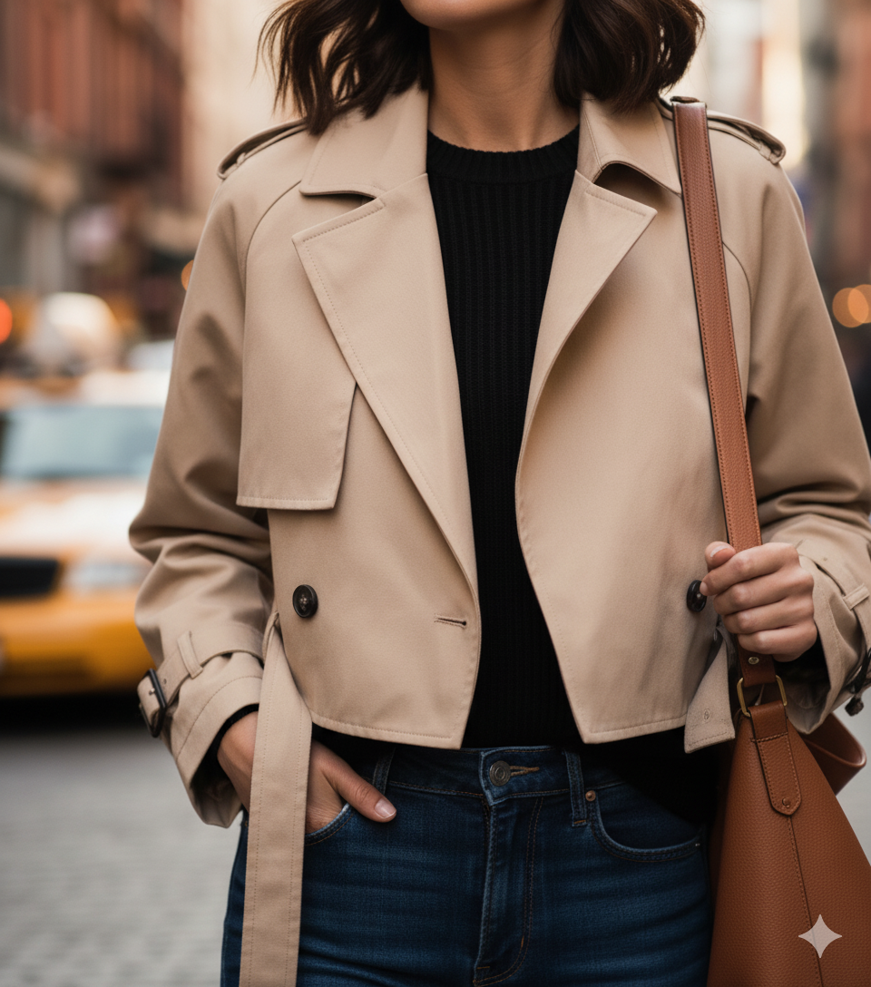 Trench Coat Court Beige Femme - Veste Imperméable Mi-Saison