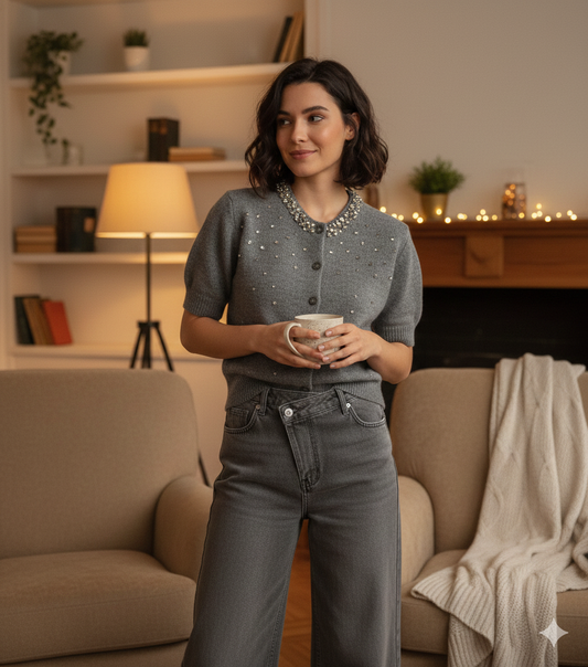 Gilet manches courtes femme vue de face avec détails bijoux