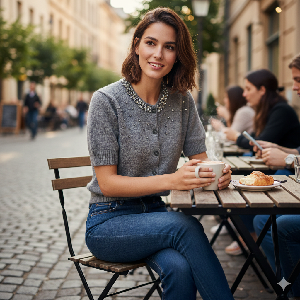Gilet manches courtes femme vue de face avec détails bijoux