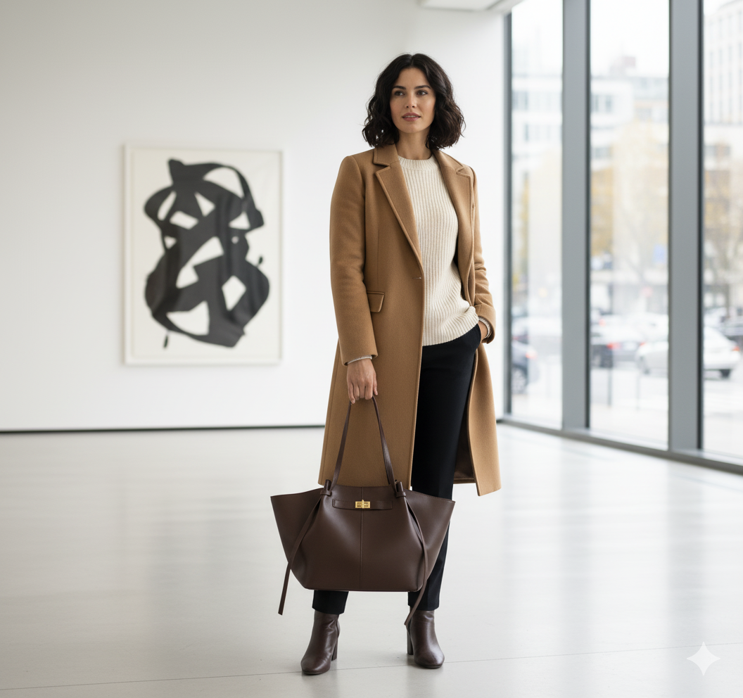 Sac à main en cuir porté avec une tenue élégante