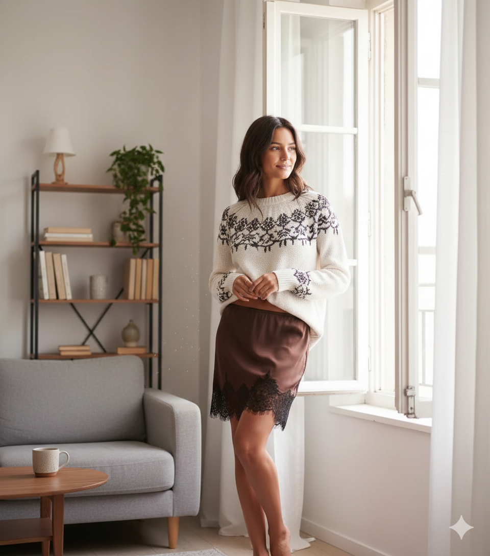 Jupe courte en dentelle satinée portée avec une tenue élégante