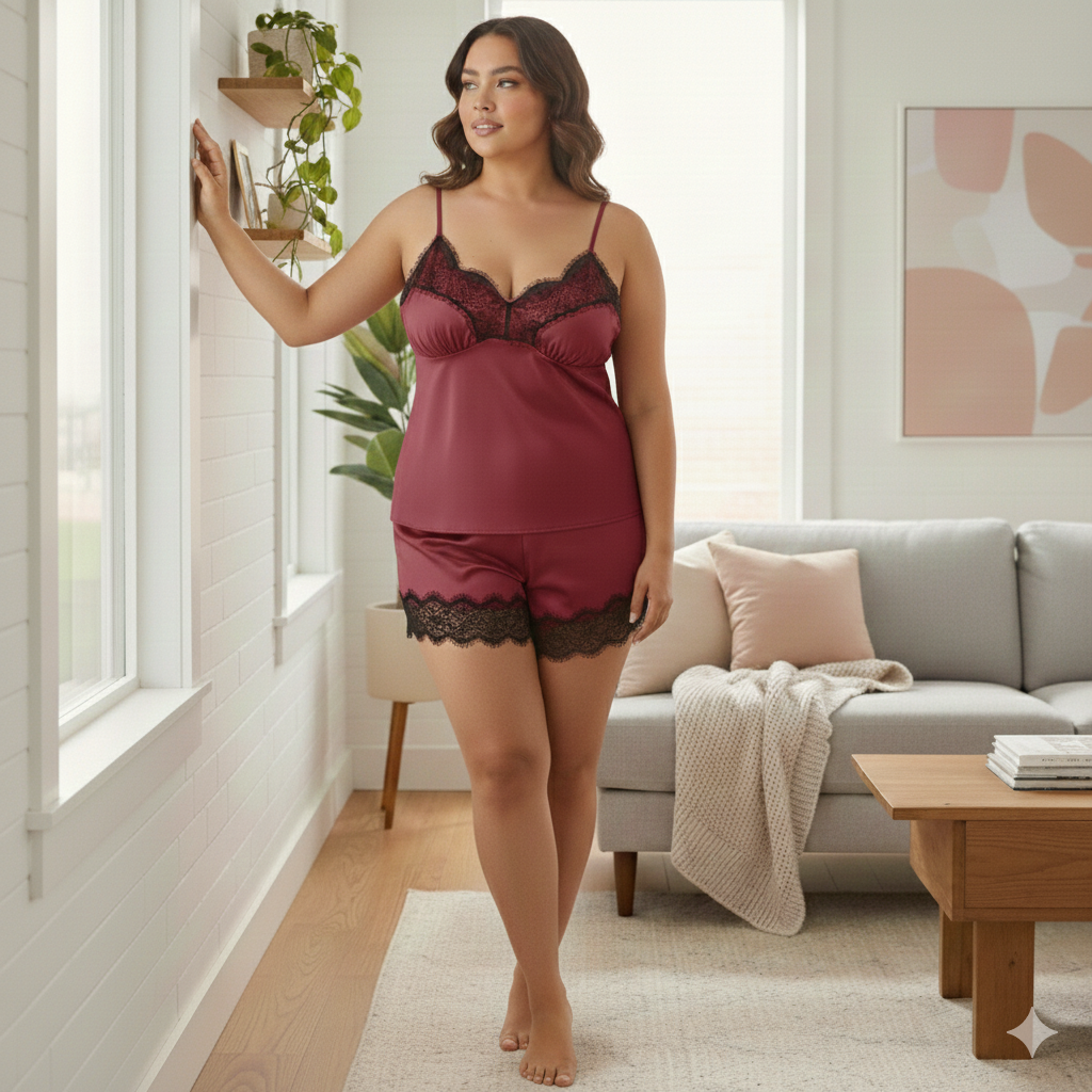 pyjama femme satin bordeau, ensemble de nuit élégant, lingerie de luxe féminine