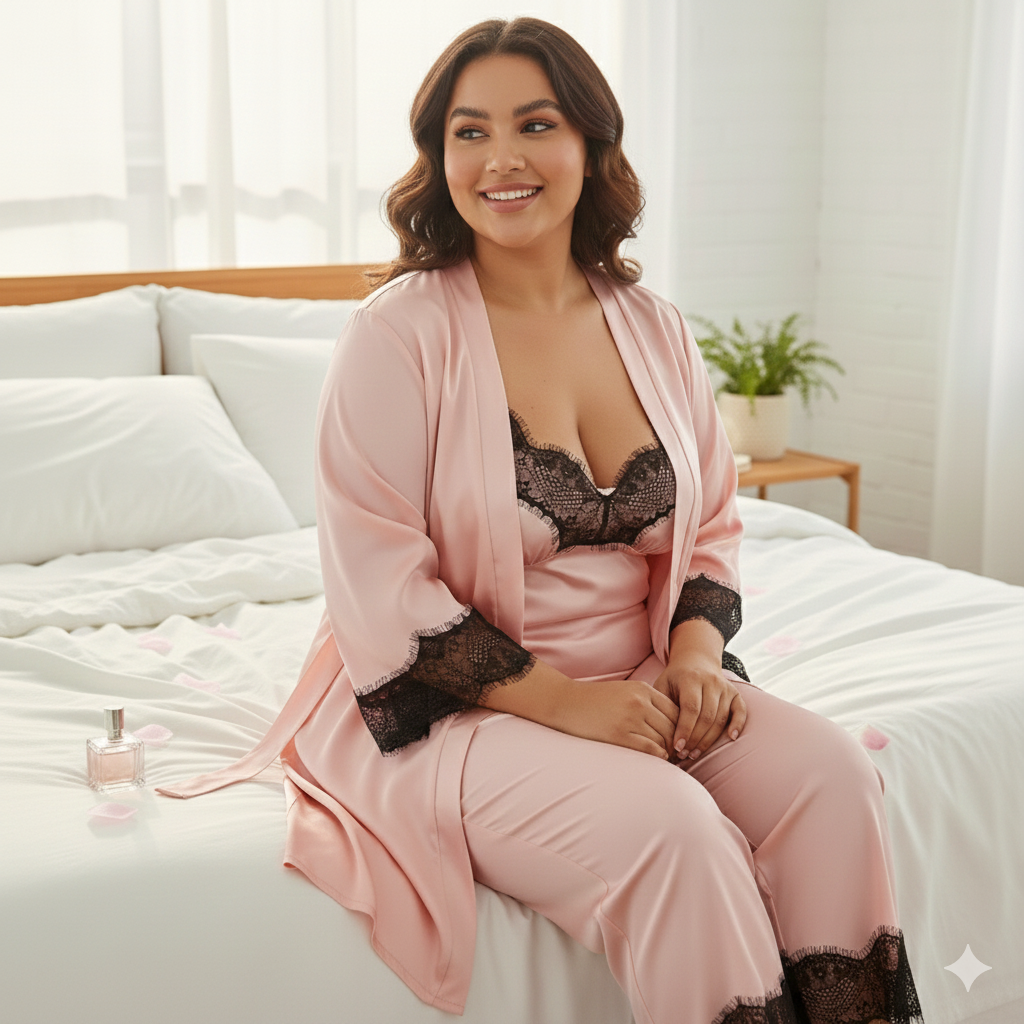 pyjama femme satin rose, ensemble de nuit élégant, lingerie de luxe féminine