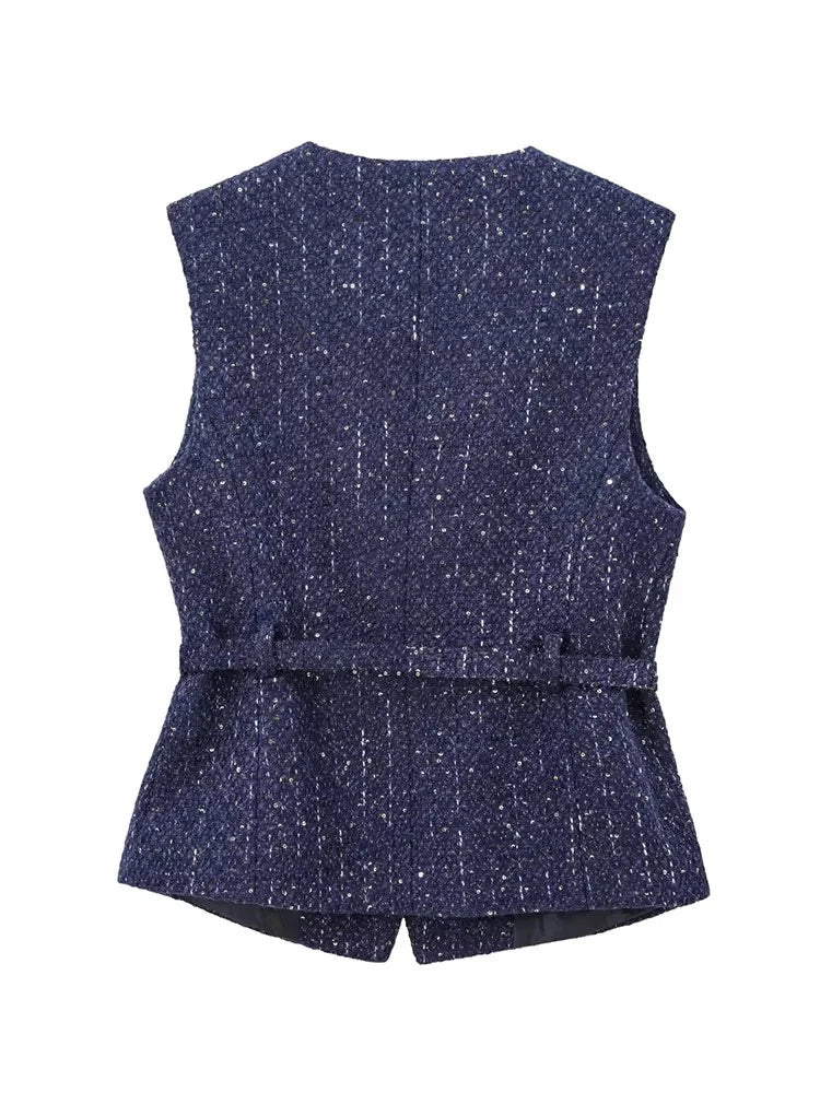 Gilet sans manches en tweed à ceinture