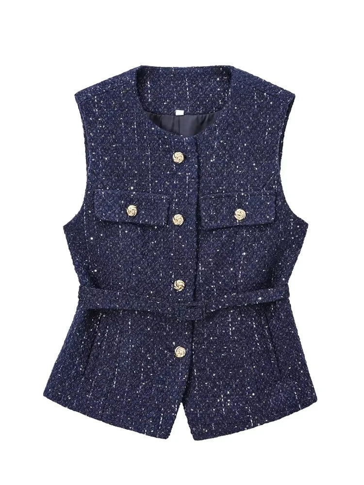 Gilet sans manches en tweed à ceinture