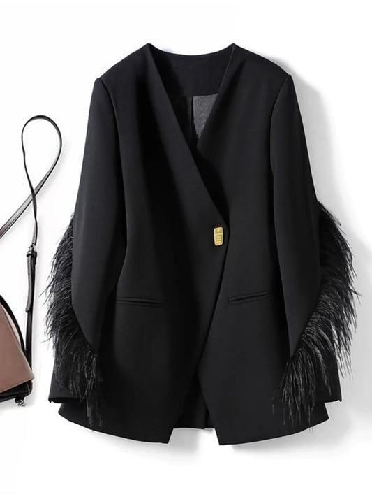 Blazer long avec détails plumes