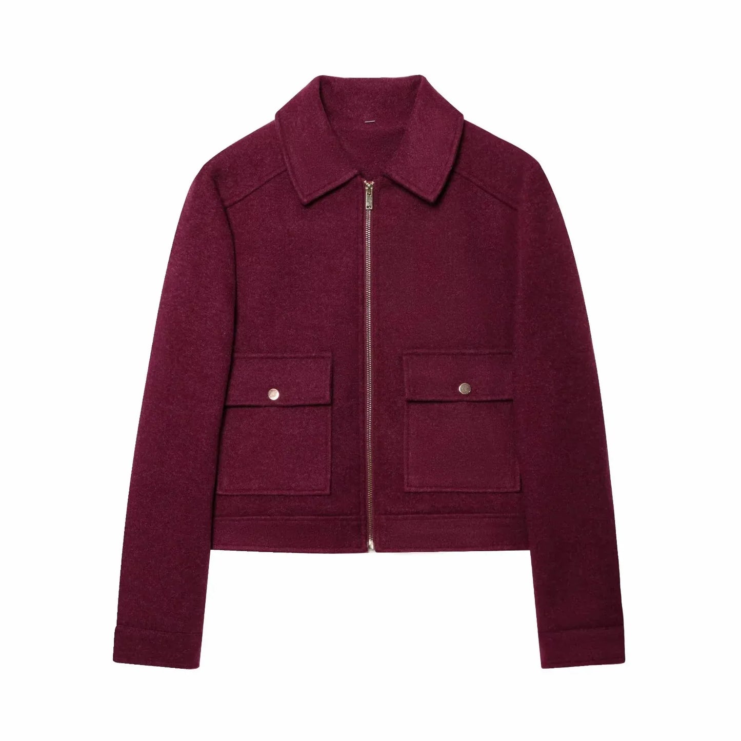 Veste courte en laine vin, style moderne et facile à associer.