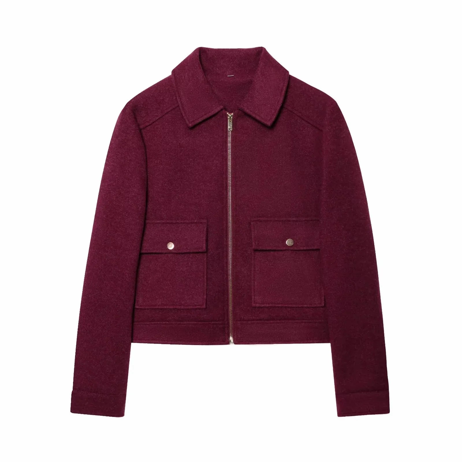 Veste courte en laine vin, style moderne et facile à associer.