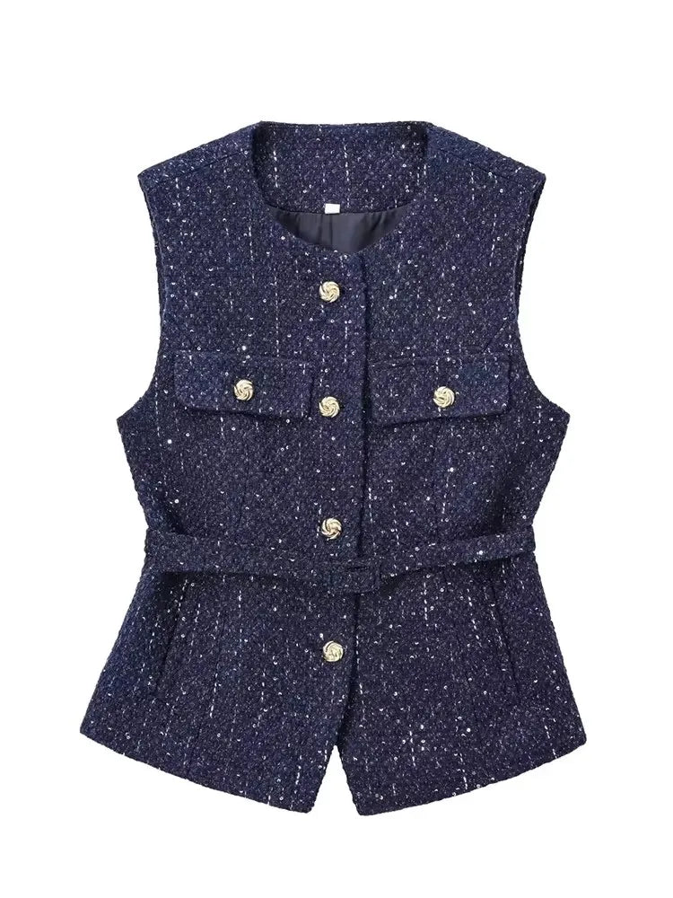 Gilet sans manches en tweed à ceinture