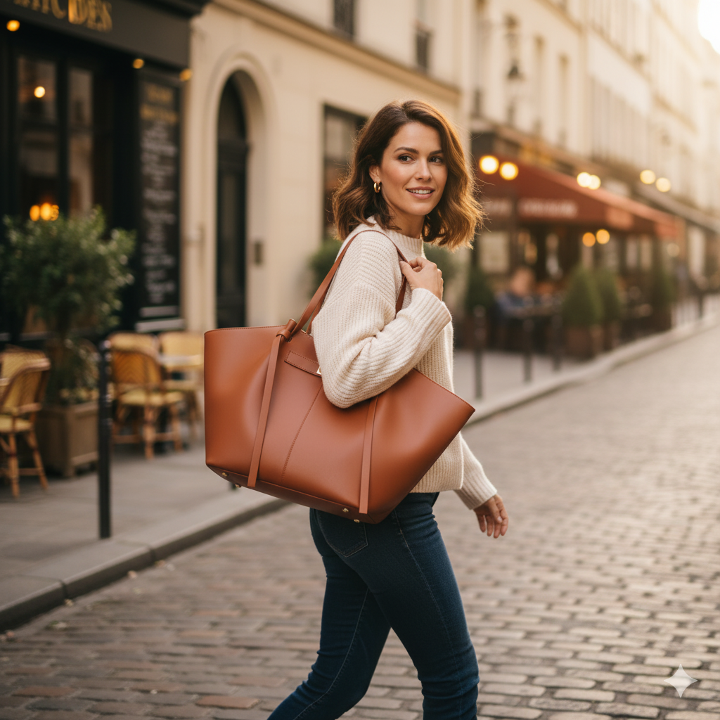 Sac à main en cuir porté avec une tenue élégante