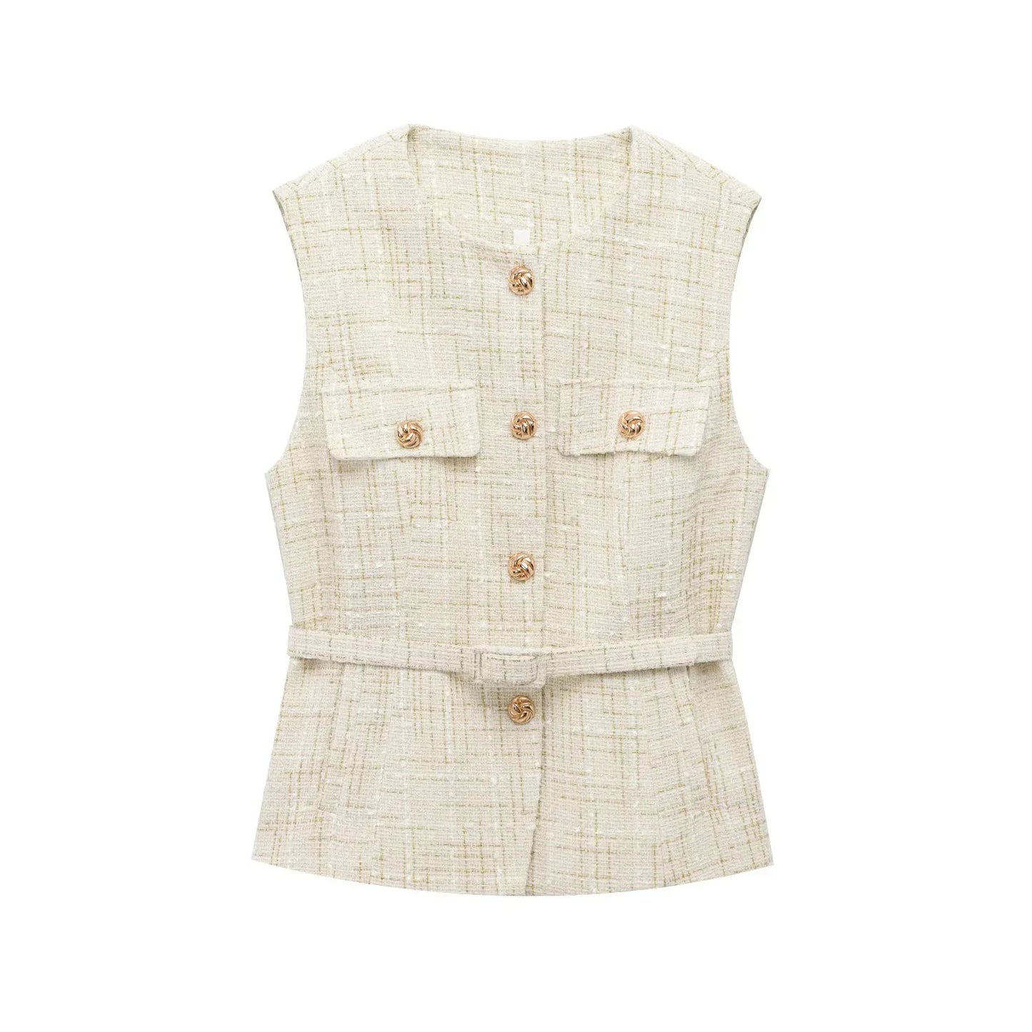 Gilet sans manches en tweed à ceinture