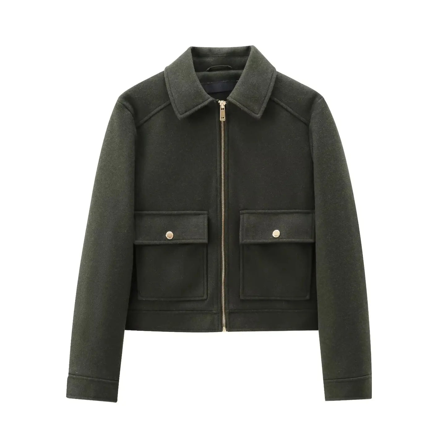 Veste courte en laine kaki, style moderne et facile à associer.