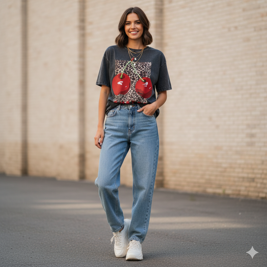 T-shirt CHERRY Effet Vieilli – Top Coupe Loose au Style Rétro-Vibe