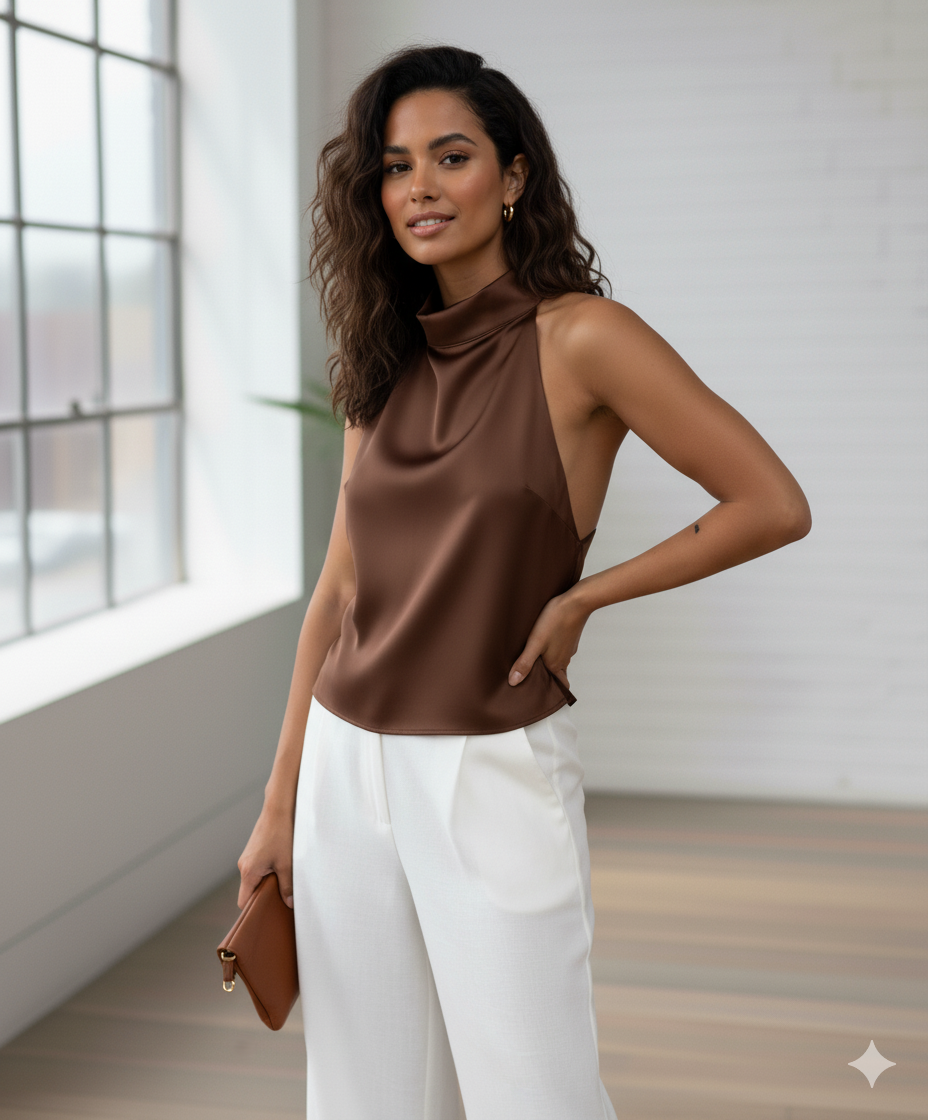 Top Dos Nu en Satin - Caraco Fluide Chic de Soirée -