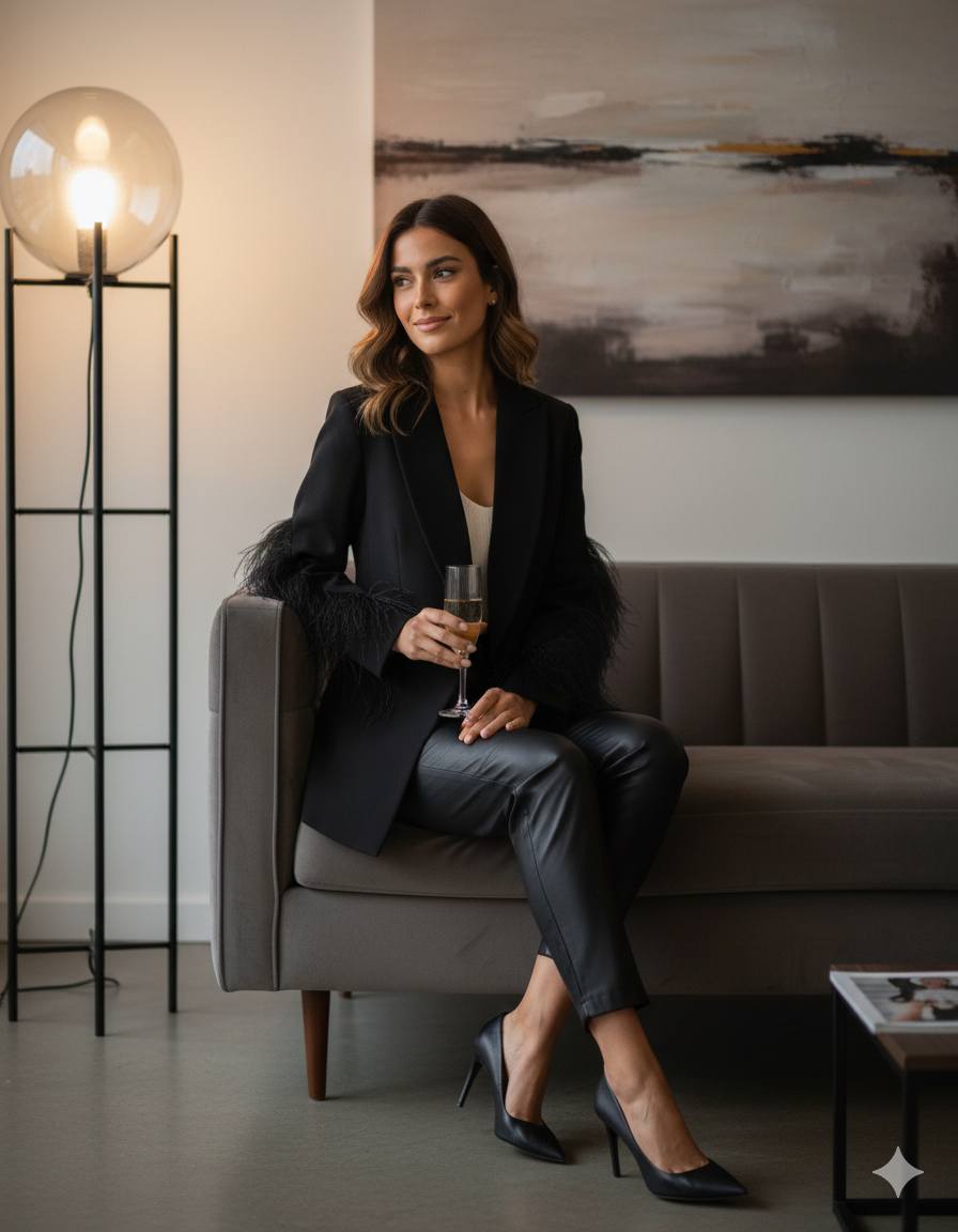 Blazer long avec détails plumes