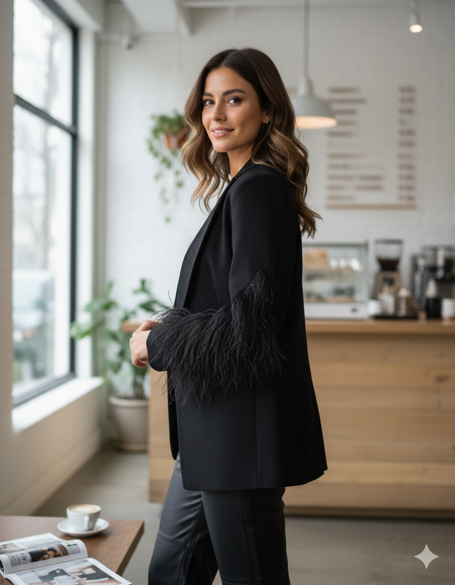 Blazer long avec détails plumes