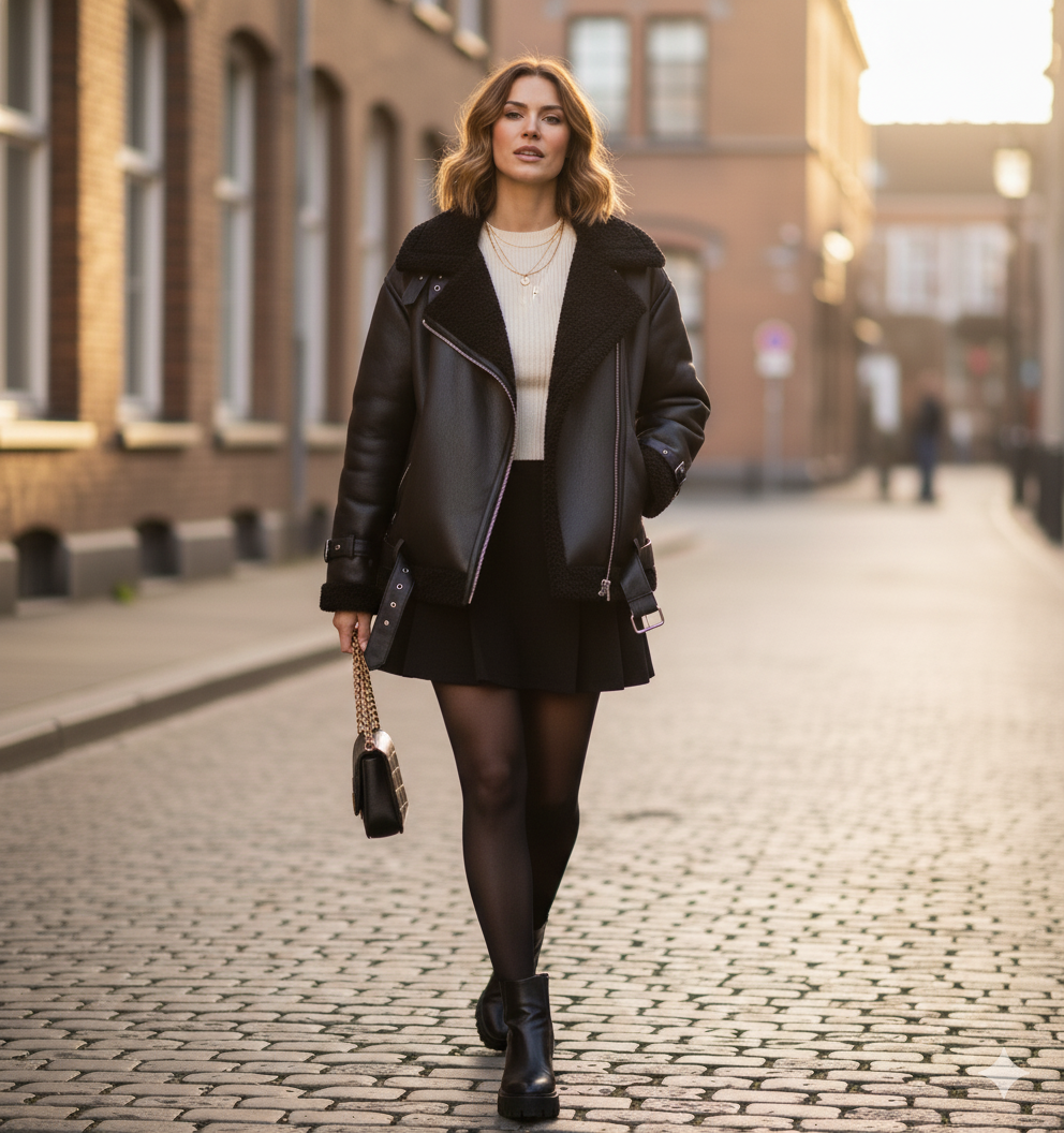 Veste motarde portée avec une tenue tendance