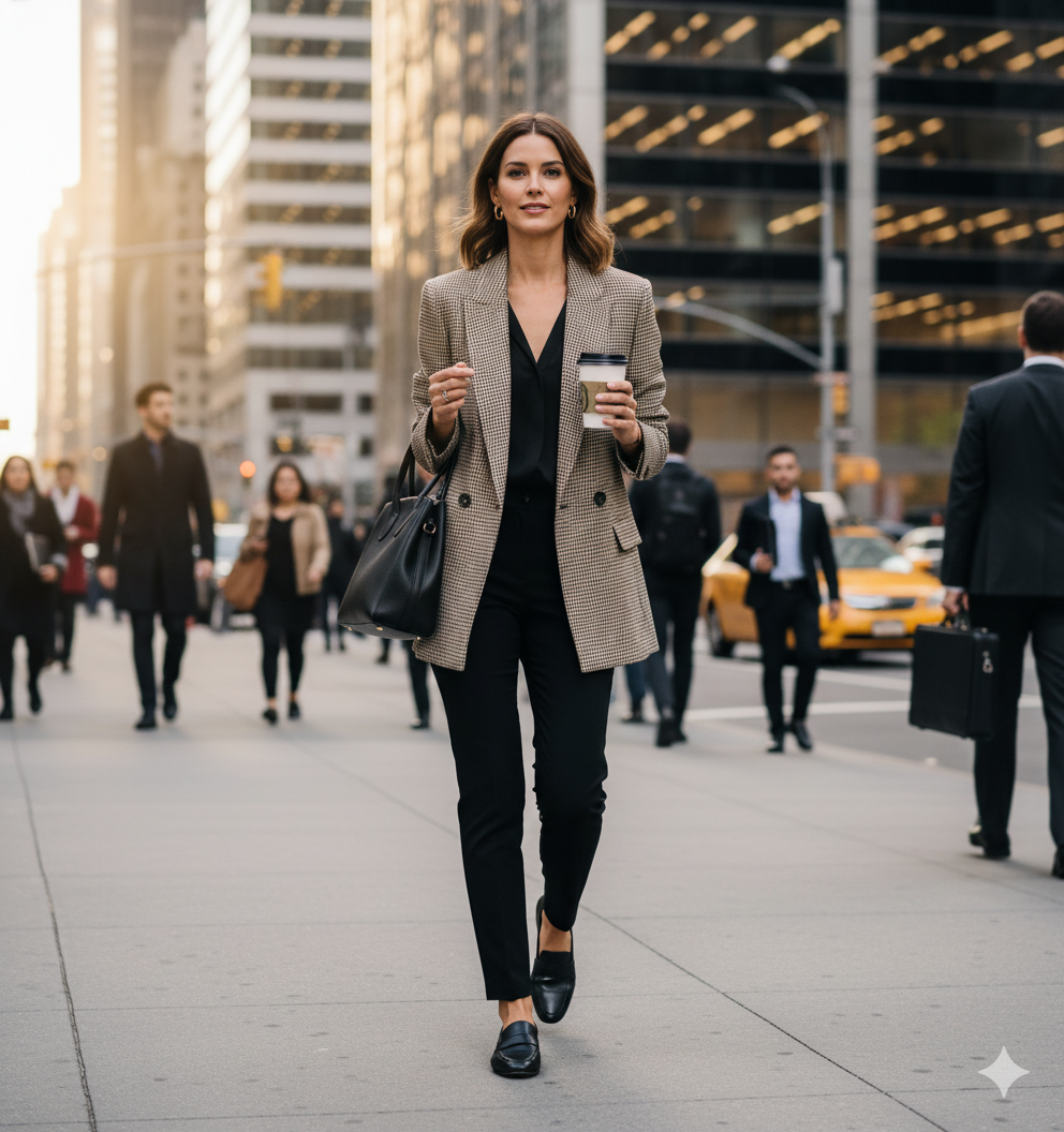 Blazer à carreaux fins porté avec une tenue élégante