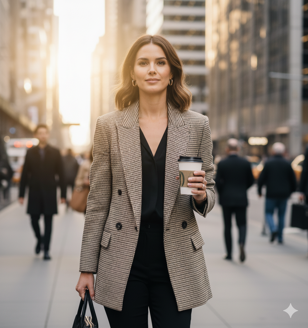 Blazer à carreaux fins porté avec une tenue élégante