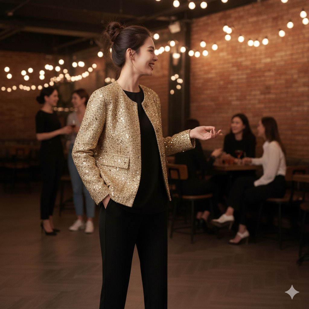 Blouson à paillettes porté avec une tenue festive
