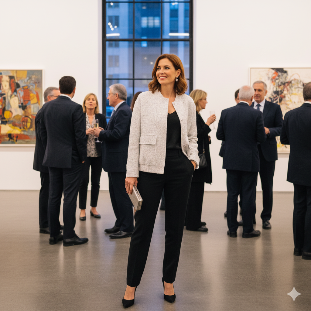 Blouson à paillettes porté avec une tenue festive