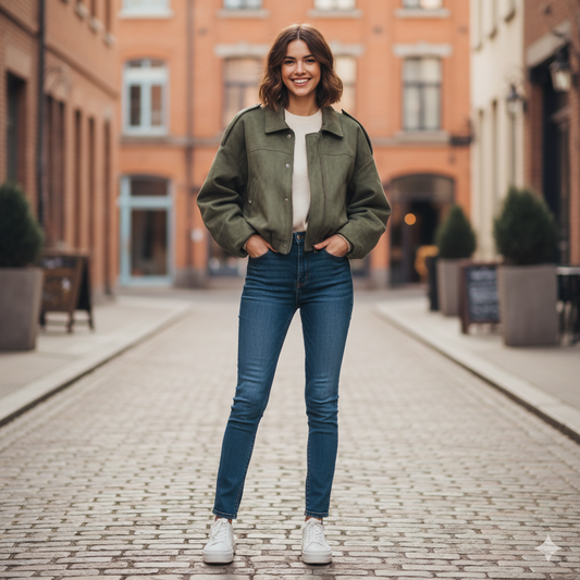 Bombers effet daim porté avec une tenue tendance