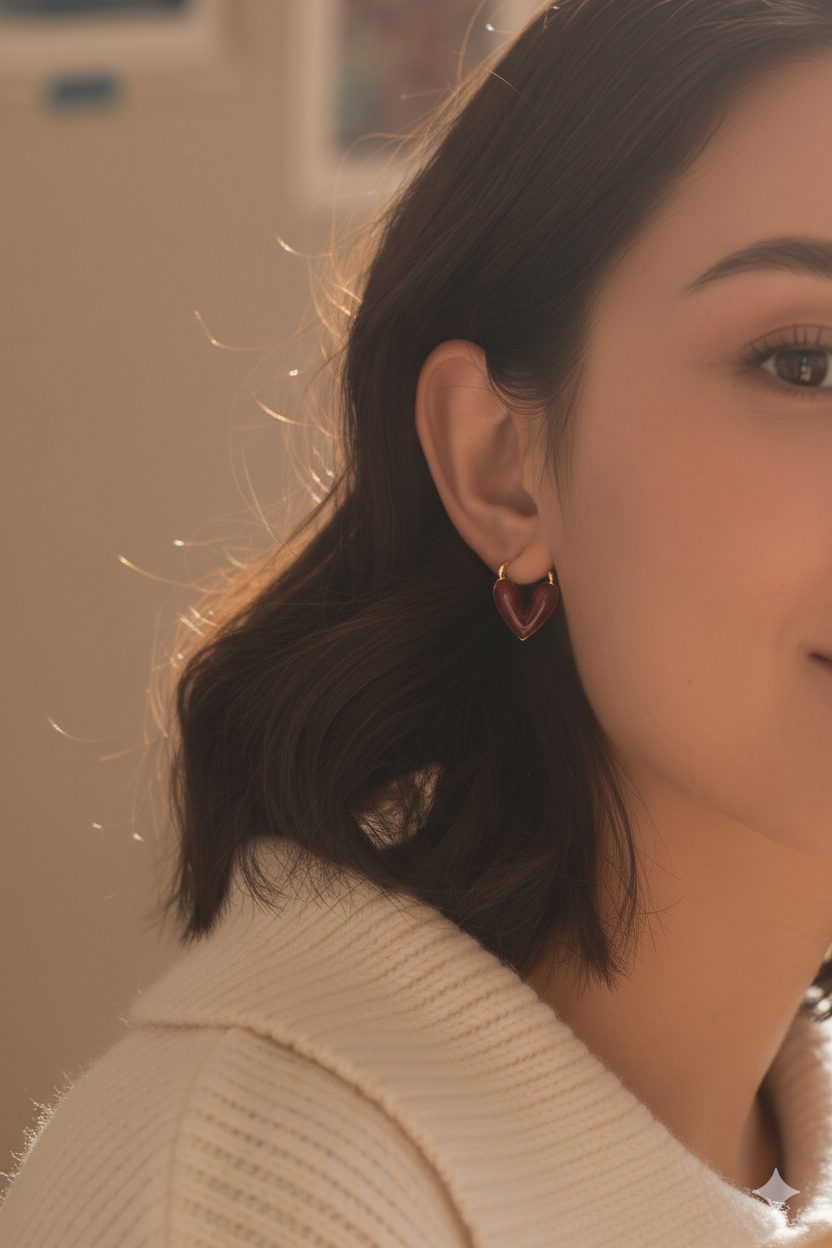 Paire de boucles d’oreilles en forme de cœur portée par une femme, offrant un look romantique et raffiné.