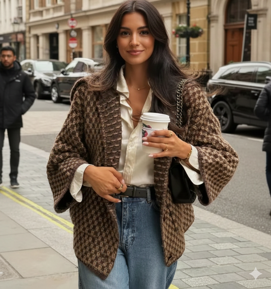 Gilet en grosse maille marron chocolat pour femme, coupe ample d'inspiration coréenne avec boutons contrastés.