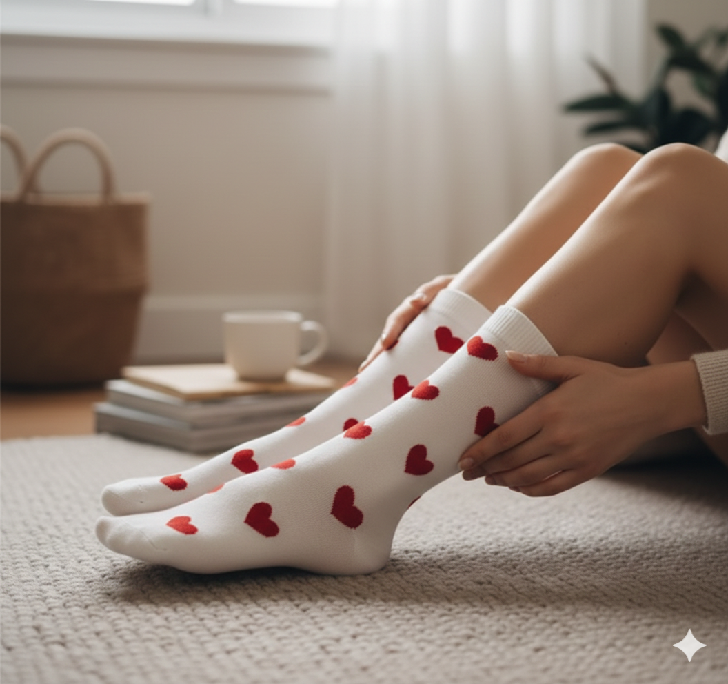 Chaussettes blanches pour femme avec petits motifs cœurs rouges, style romantique et doux