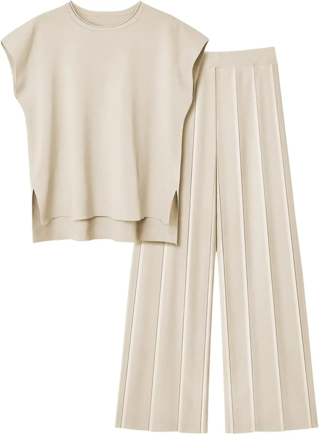 Ensemble pantalon et veste assortis en tissu fluide beige, parfait pour les occasions.