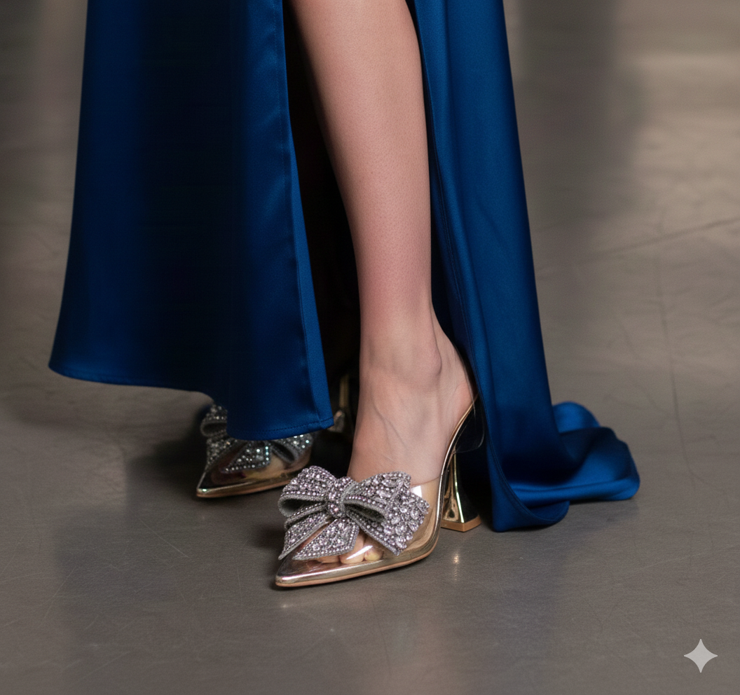 Ces escarpins transparents à nœud brillant apportent une touche chic et moderne à toutes les tenues élégantes. Un choix idéal pour sublimer un look de soirée ou de cérémonie.