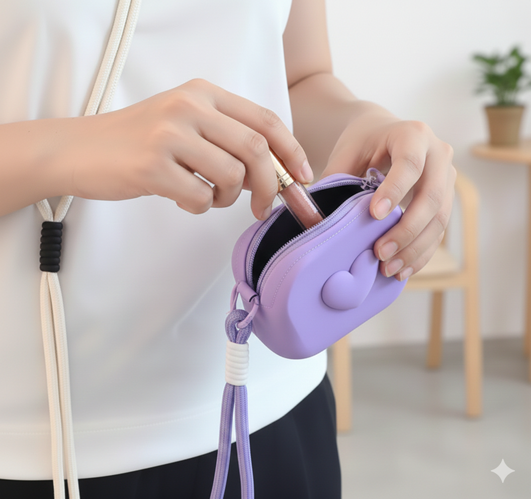 Mini sac en forme de cœur rouge, utilisé comme porte-monnaie tendance pour femme.