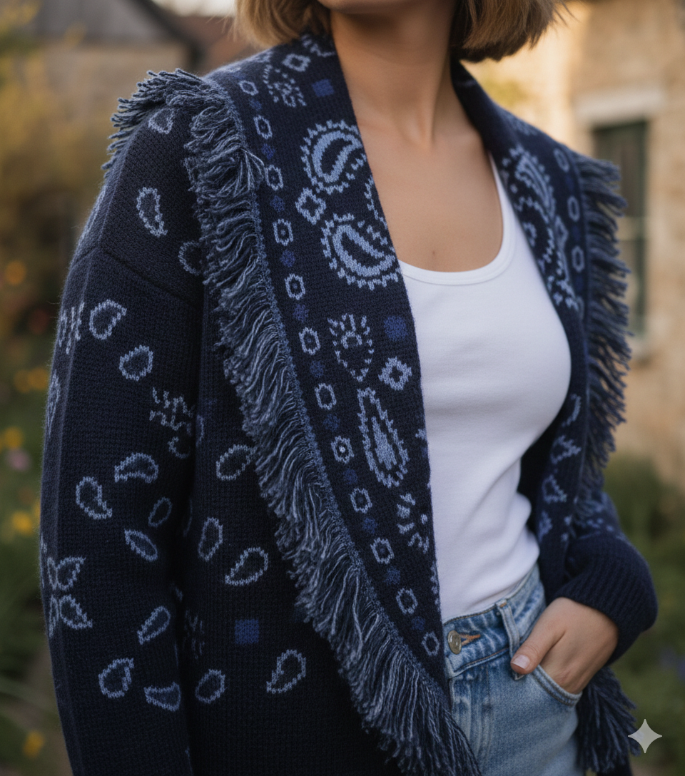 Cardigan court pour femme avec imprimé type bandana et franges.