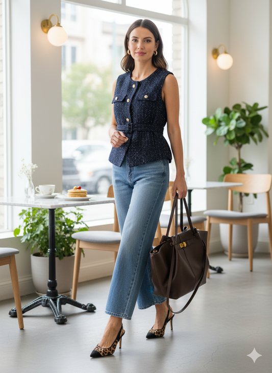 Gilet sans manches en tweed porté avec une tenue élégante