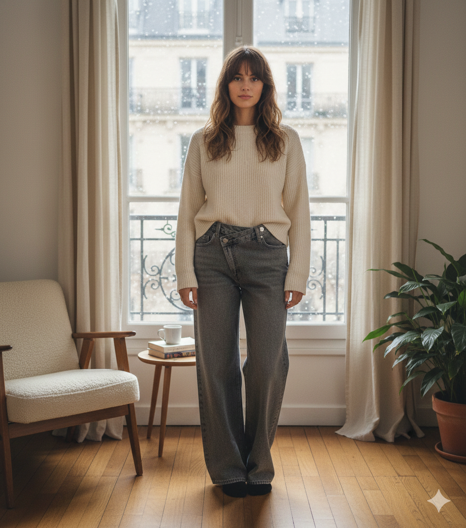 Jean large asymétrique porté avec une tenue tendance