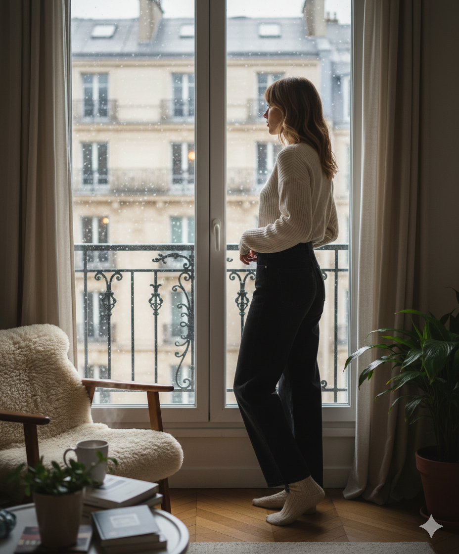 Jean large asymétrique porté avec une tenue tendance