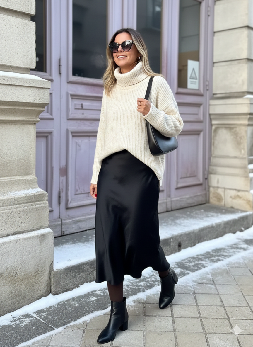 Jupe longue en satin portée avec une tenue habillée